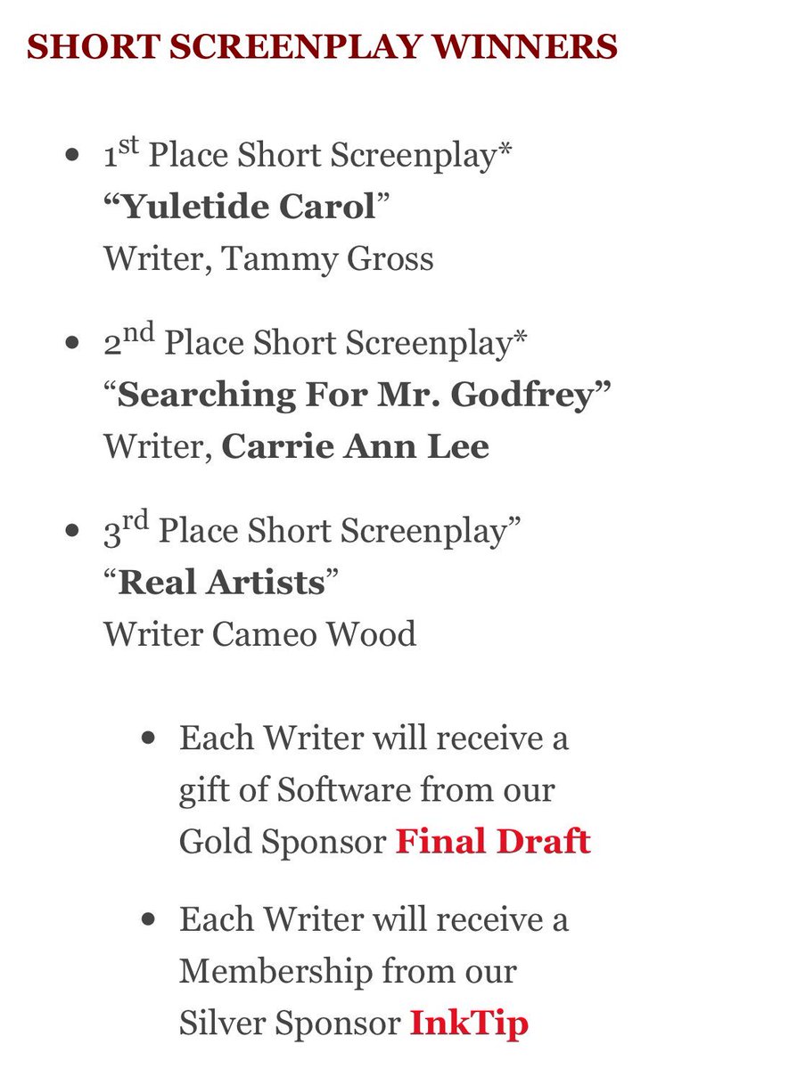 ReelHeART's tweet photo. Congrats 12th Annual @ReelHeART SHORT #Screenplay Winners 🎬 Thank You #Sponsors @finaldraftinc + @Official_InkTip https://t.co/Op4uXwkqF5