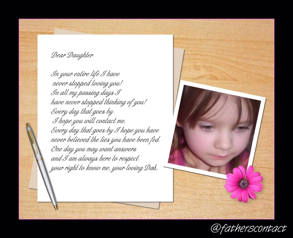 fatherscontact's tweet photo. Dear Daughter #DearDaughter #ParentalAlienation #PASAbuse #PAS #DearJessica #Jessica #HLB #PASAwareness #PASRepair π https://t.co/9MQb8eLJ5g