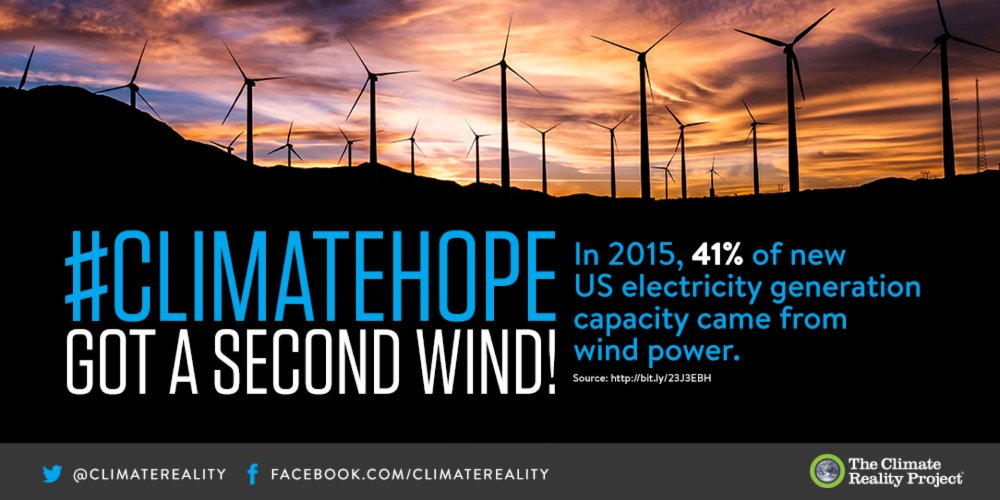 ClimateReality's tweet photo. Have you gotten wind of this? In 2015, 41% of new electricity generation capacity came from wind power! https://t.co/jdl27v0LbD