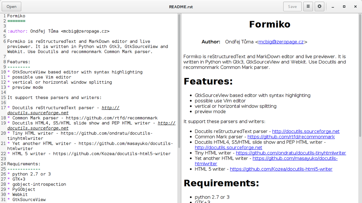 mcbig_cz's tweet image. Yet another #reStructuredText and #MarkDown editor and live previewer in #gtk3 released. github.com/ondratu/formiko