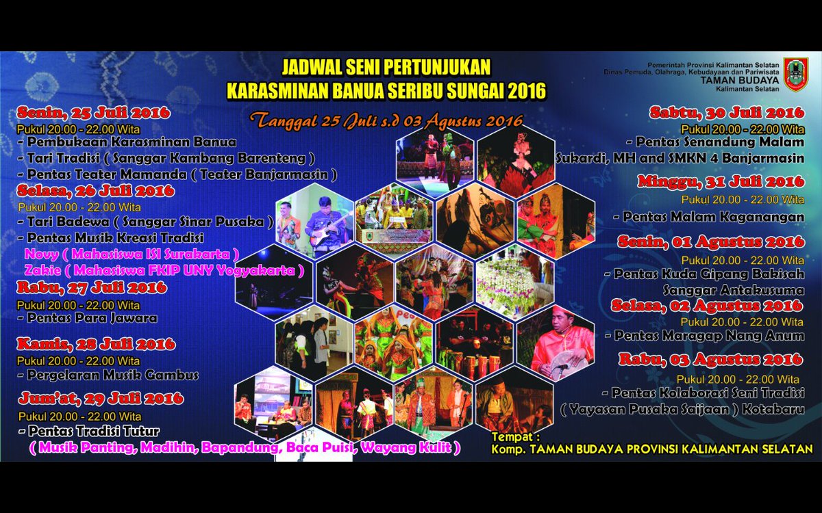 Karasminan Banua Seribu Sungai 2016
25 Juli s/d 3 Agustus 2016
<a href="/WargaBanua/">📍BANJARMASIN, KALIMANTAN SELATAN</a> <a href="/bjmUpdate/">#BanjarmasinINFO</a> <a href="/visitkalsel/">#visitkalsel</a> <a href="/Senibdayakalsel/">Seni Budaya Kalsel</a>