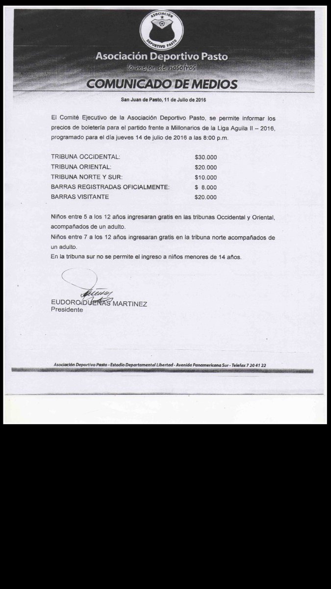 poderdelrelato's tweet photo. Precios de boleteria @DeporPasto @MillosFCoficial jueves 8pm #narraharoldtapia #poderdelrelato @viva780am https://t.co/5DhEzlYwV2