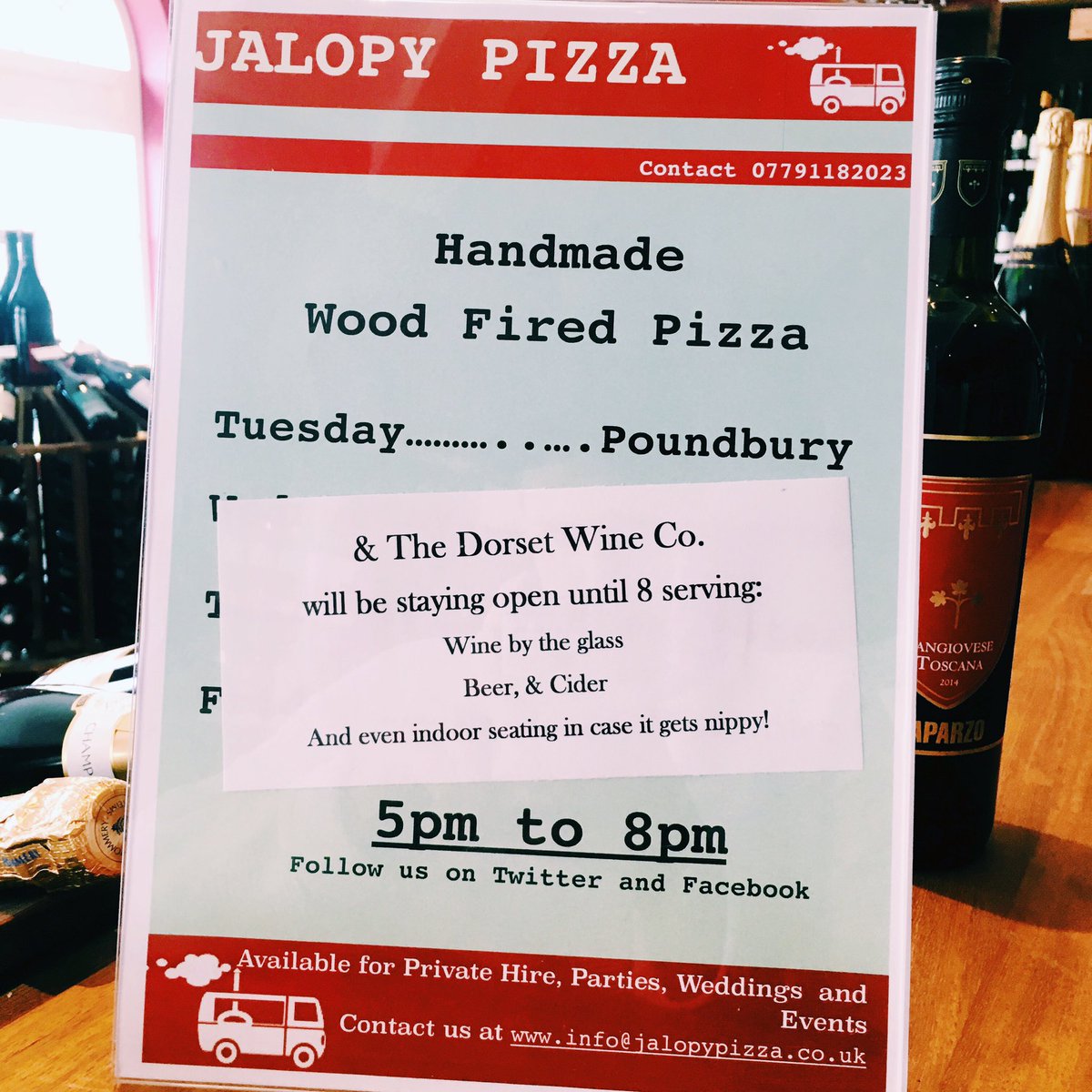 DorsetWine's tweet photo. Look who's coming back! @JalopyPizza will be joining us tonight &amp; every Tuesday throughout summer for Pizza &amp; Plonk! https://t.co/fBDzydxPgH