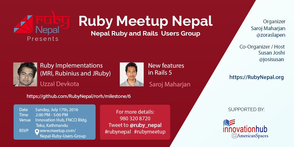 ruby_nepal's tweet photo. Join #RubyMeetup Sunday to discuss on various Rubys with @oozzal &amp; Rails 5 with @zoraslapen https://t.co/ruqjyfvyM1 https://t.co/GrLxYhei5C