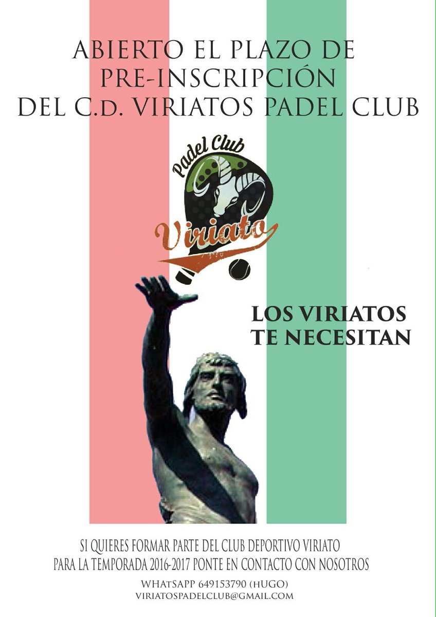 Qué somos?
-VIRIATOS!!!
Qué queremos?
-JUGAR AL PÁDEL!!! 
Inscripciones abiertas, únete al movimiento viriato💪🏻💪🏻