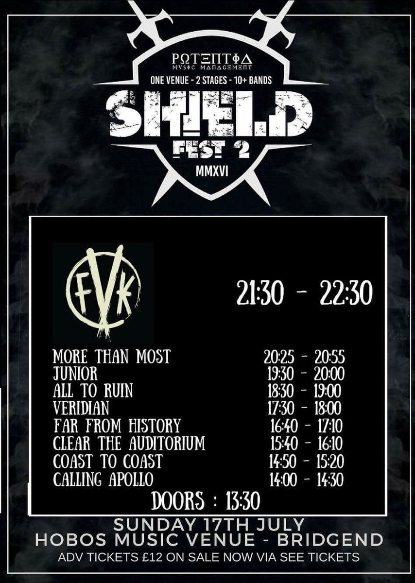 Here are the stage times for Shield Fest, we're on at 15:40. We hope you'll come down to catch our final set. x