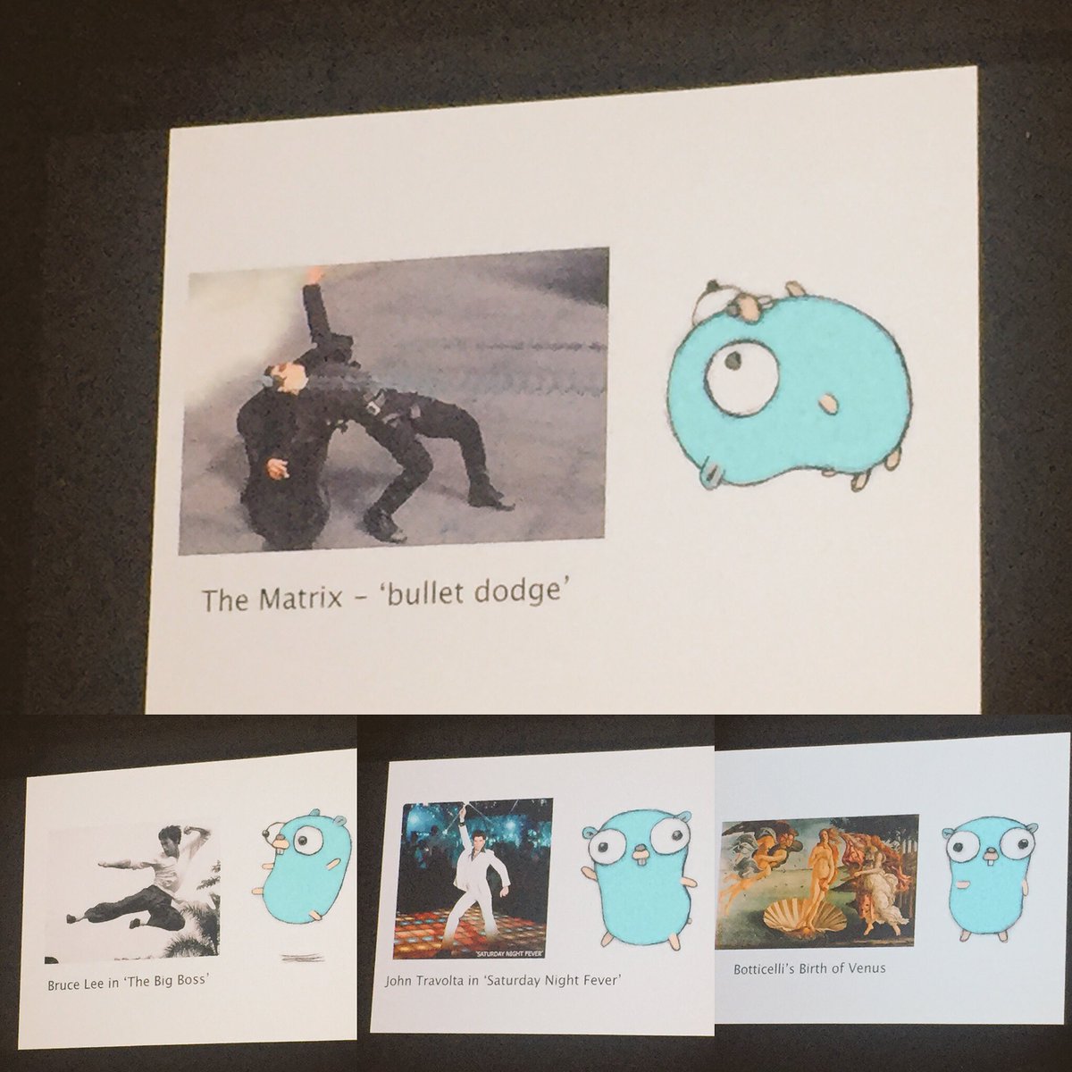 Cass_Ferrara's tweet image. The #golanggopher and emulation of famous poses. Thanks you @reneefrench @GopherCon