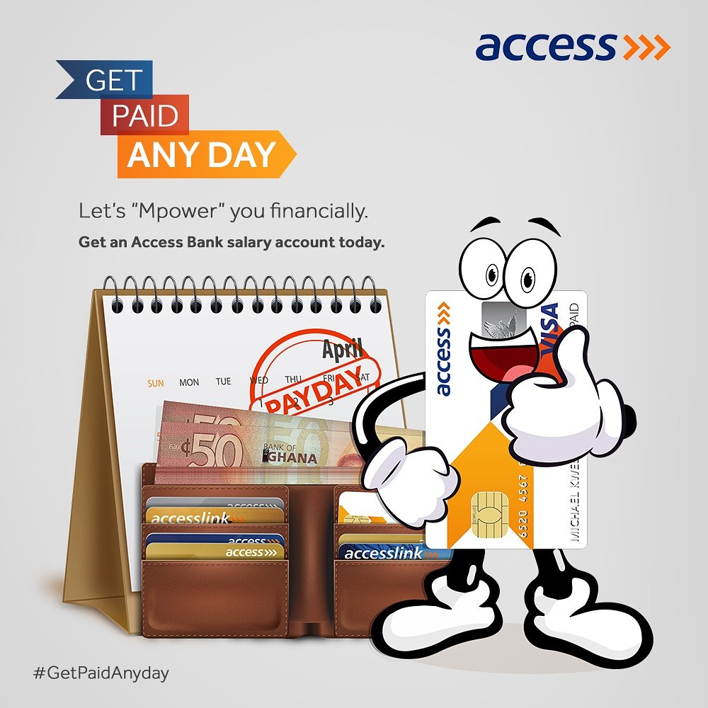 AccessBankGhana's tweet photo. Bring your salary account to Access Bank and be able to withdraw in advance ahead of pay day. Yes, #GetPaidAnyday https://t.co/7Vmf9Fh67W