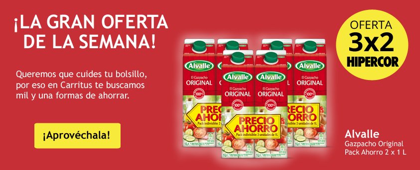 El hallazgo de la semana: llévate 3 y paga 2 de #Alvalle Gazpacho Original Pack Ahorro 2x1L bit.ly/29GbIMJ