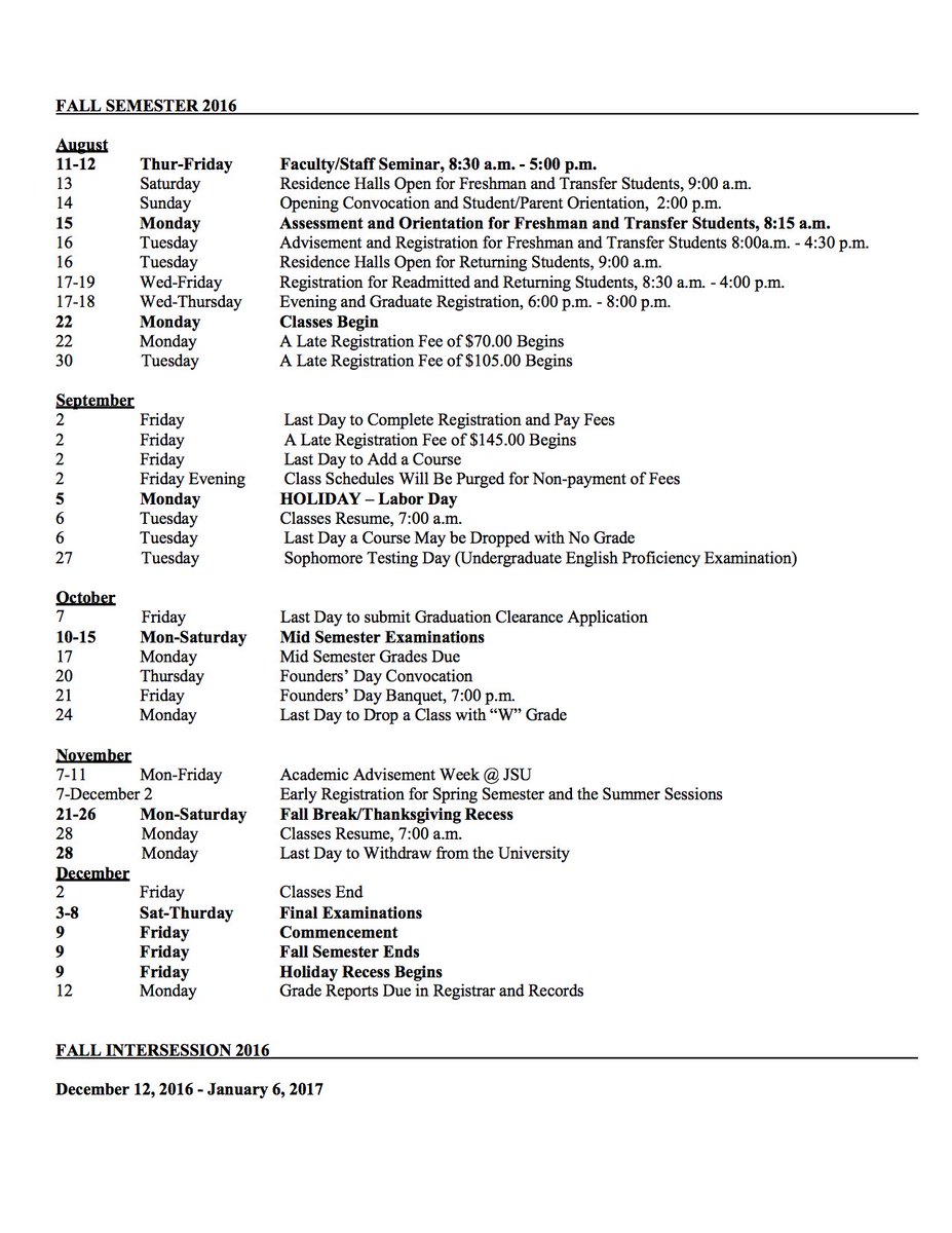 Everyone! Here's a calendar of important dates and deadlines for the Fall semester. Got questions? Use #AskJSU