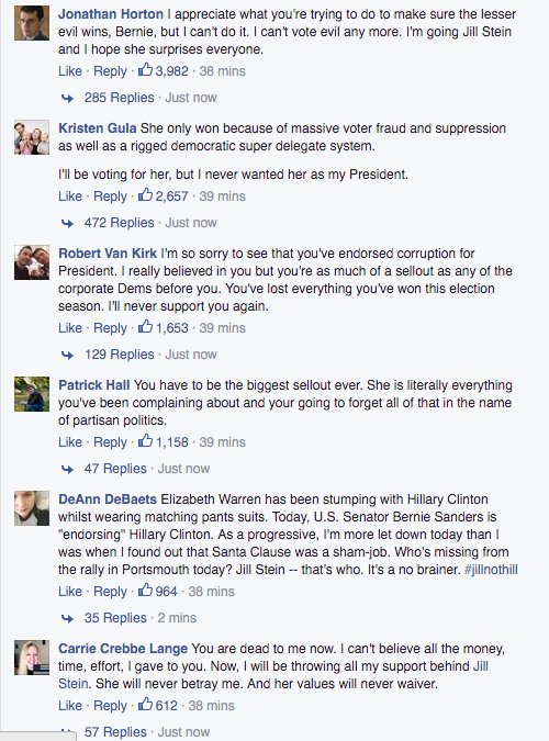 Sam_Frizell's tweet image. The comments on Bernie's endorsement Facebook post right now. #DemocraticUnity?