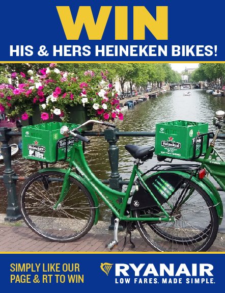 Ryanair's tweet photo. Win his &amp; hers Heineken bikes! 
Simply like our page &amp; RT to WIN! https://t.co/cgLkPqmZBx https://t.co/OFIyFOB65I