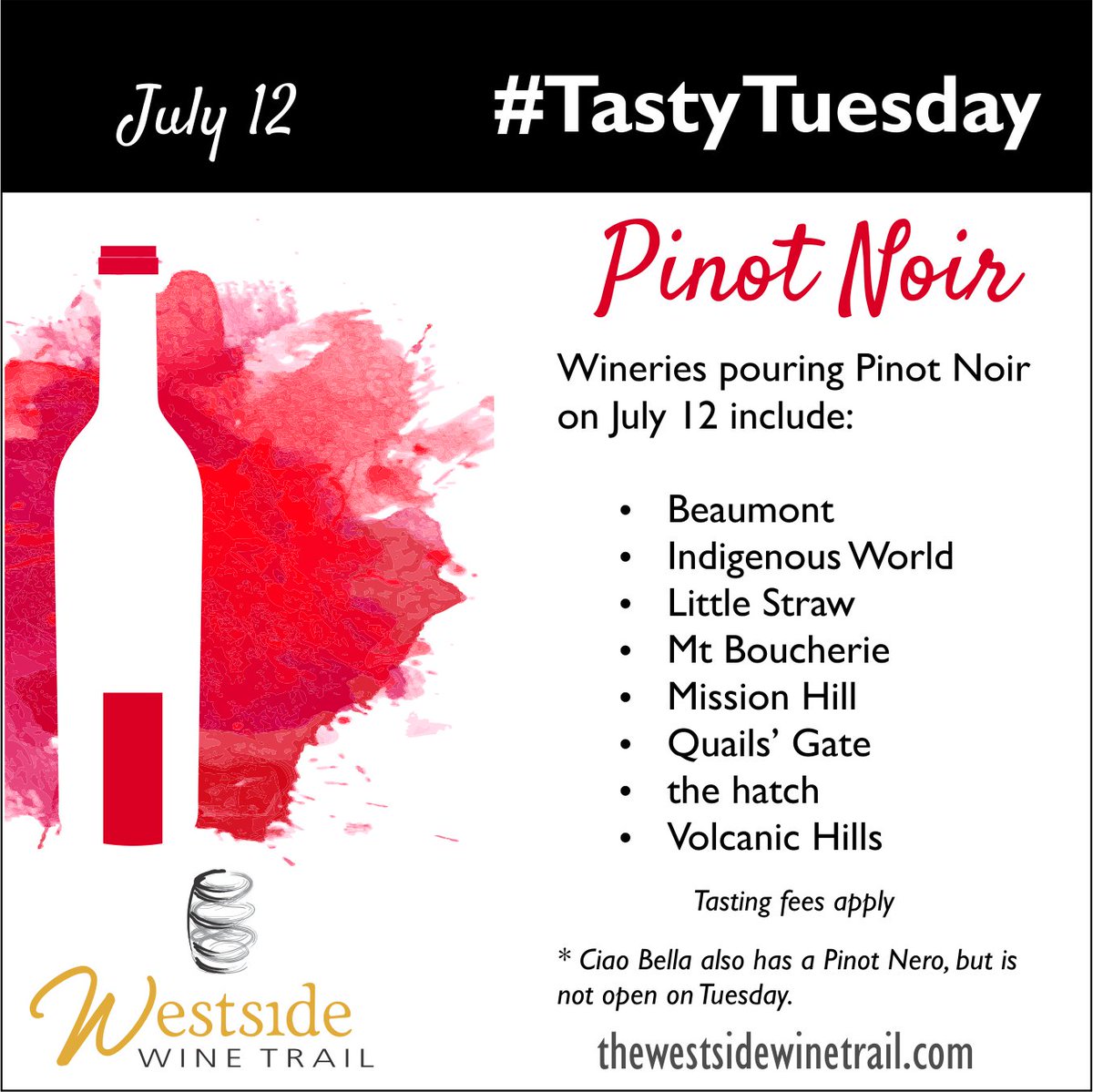 Pinot Noir is the #TastyTuesday featured #BCWine with several wineries pouring today. thewestsidewinetrail.com/event/tastytue…