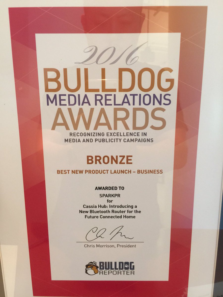 sparkpr's tweet photo. Spark's @BulldogReporter award for @CassiaNetworks arrived! Congrats team @Koodot0 @SillyCristina @californiajazz https://t.co/Y5G0aWpvD5