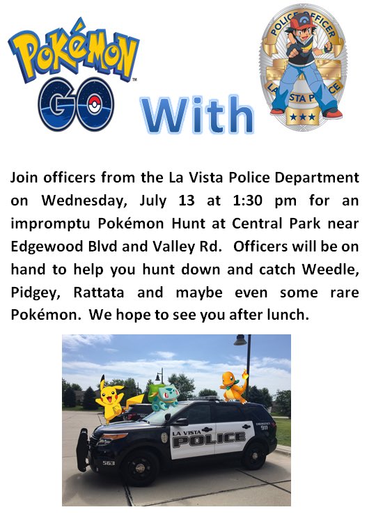 lavistapolice's tweet image. What are you doing after lunch tomorrow?  Come join officers from the LVPD at Central Park and catch some Pokemon!