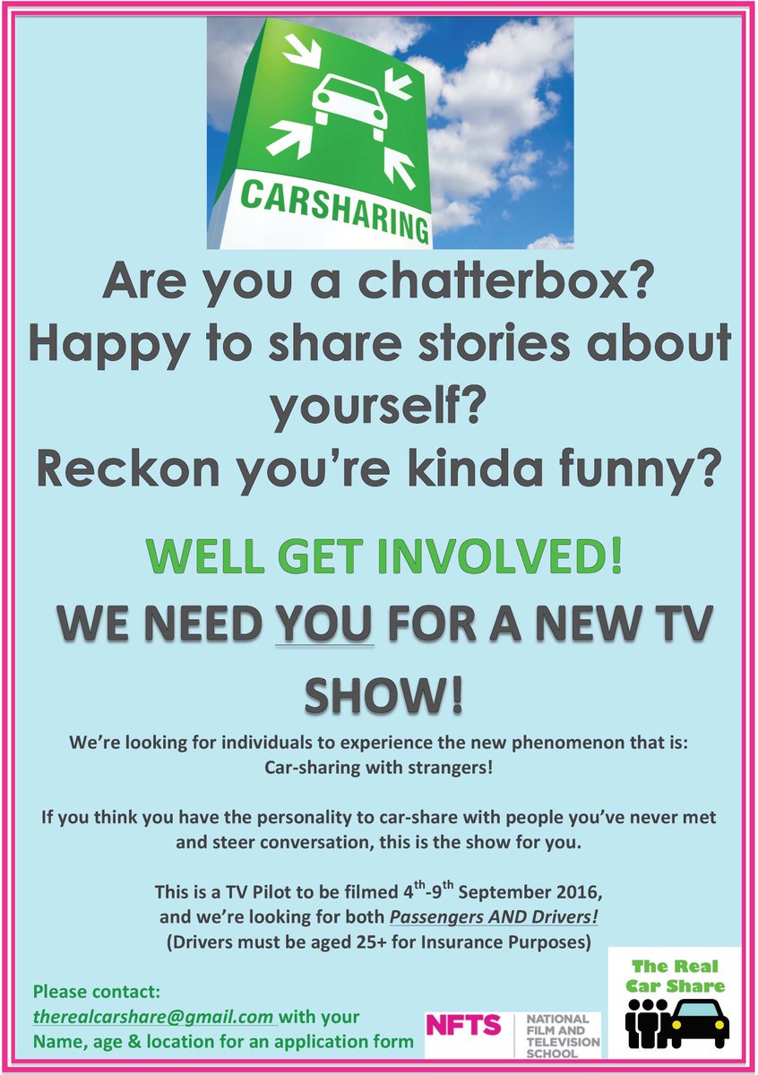 arkcasting's tweet image. @PaulStairmand PlsRT! The National Film &amp;amp; TV School are making a new TV show about CAR SHARING #beontv #casting