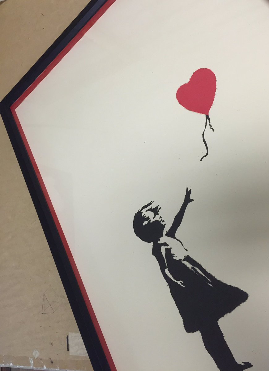 FrameWorksAZ's tweet image. Red matboard spacers &amp;amp; angular matte black frame bring out the best in this #Banksy reproduction. #justframed
