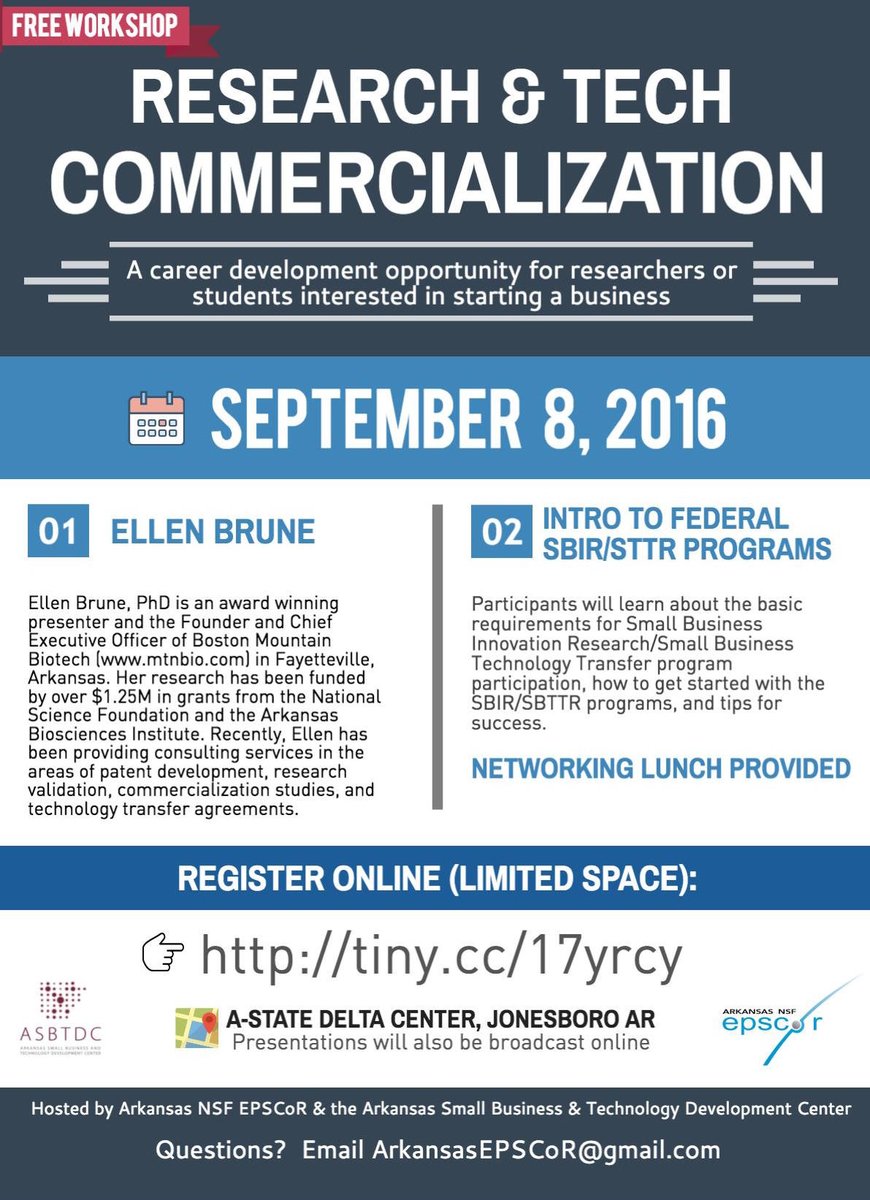 Free #SBIR #STTR #Commercialization workshop for #researchers or #students interested in starting a #business