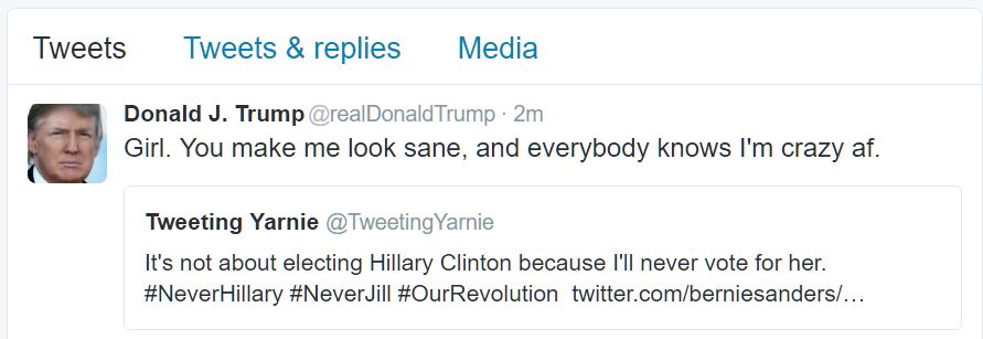 realDoraldTrump's tweet photo. To all the angry Bernie voters who can't get over it, I welcome you with open arms. Angry voters serve my purpose. https://t.co/9lta01VsHX