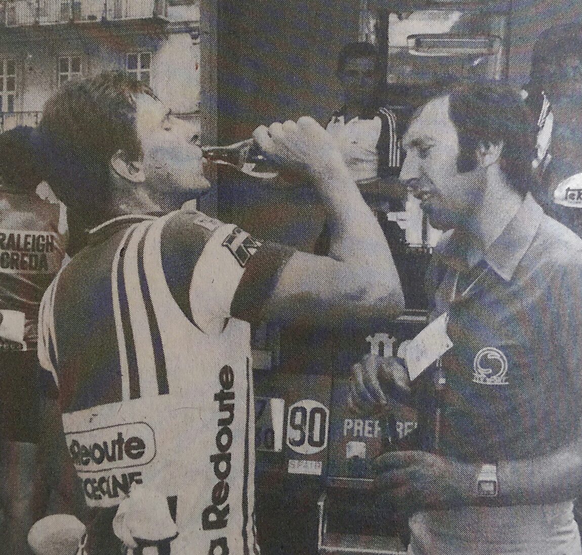mission753's tweet photo. Paul Sherwen takes a drink in a  interview with Phil Liggett at the 1981 Tour. @PaulSherwen @PhilLiggett https://t.co/yOt1Onw21A