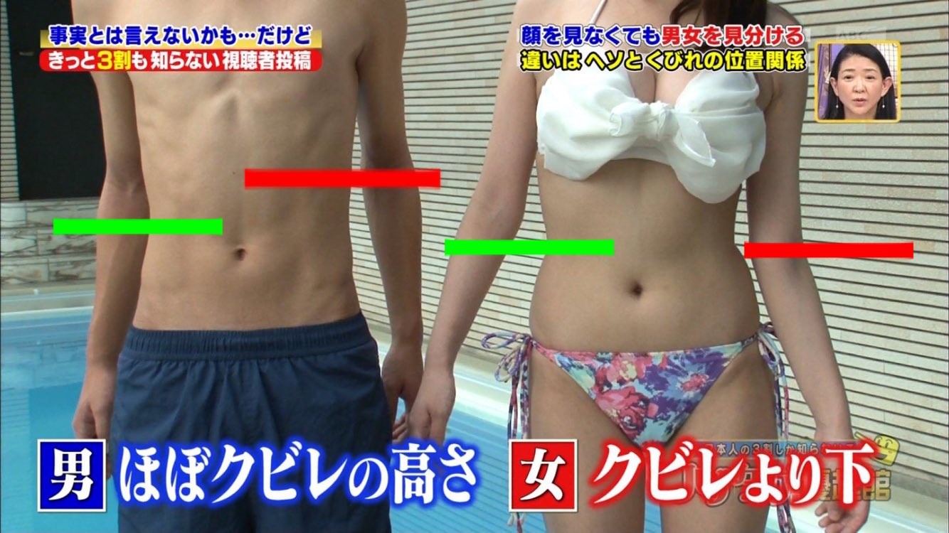En 男女の体型の違いについて 胴のクビレとヘソの位置関係が違うとテレビで紹介された様ですが 肘とクビレの位置関係の違いの方がより明確です 緑線 クビレ 赤線 肘 男 肘よりクビレの方が下 女 肘とクビレの高さが同じ T Co K1ioig6w1c