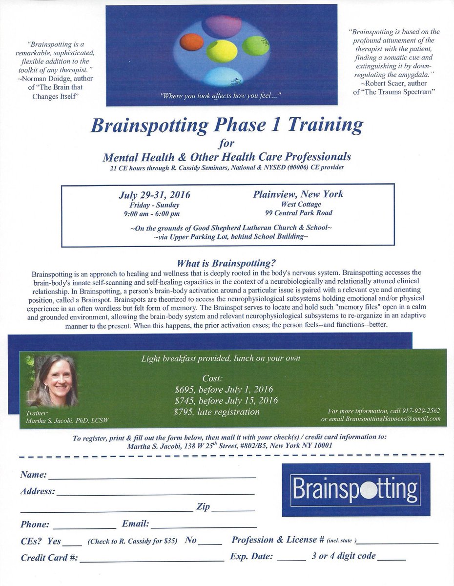 Registration is open for Brainspotting Phase 1 Training, Plainview (Long Island) NY
sorry, no ce hrs for nj swkrs