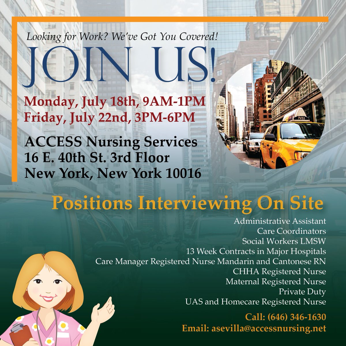 accessnursingny's tweet photo. Join us on 7/18 or 7/22 @ our #NYC Office for an On Site Interview! P: (646)346-1630|E: asevilla@accessnursing.net. https://t.co/ykja79INVB