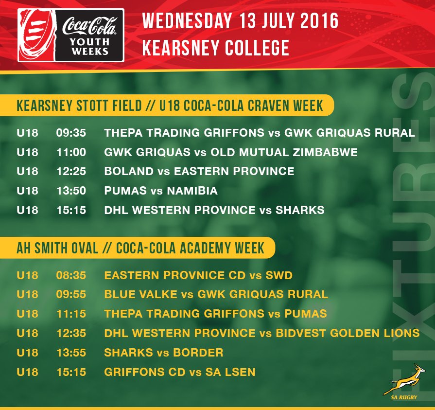 YouthWeeks's tweet photo. 13 July - Day 3 fixtures of the u18 Coca-Cola Craven and Academy Weeks @KearsneyNews  @Springboks https://t.co/DF295lyoVz