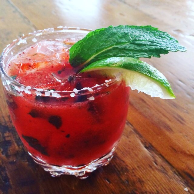 It's taco night! New local strawberry margarita with mint and rhubarb bitters. Open until 9 PM! #virgil #local #taco