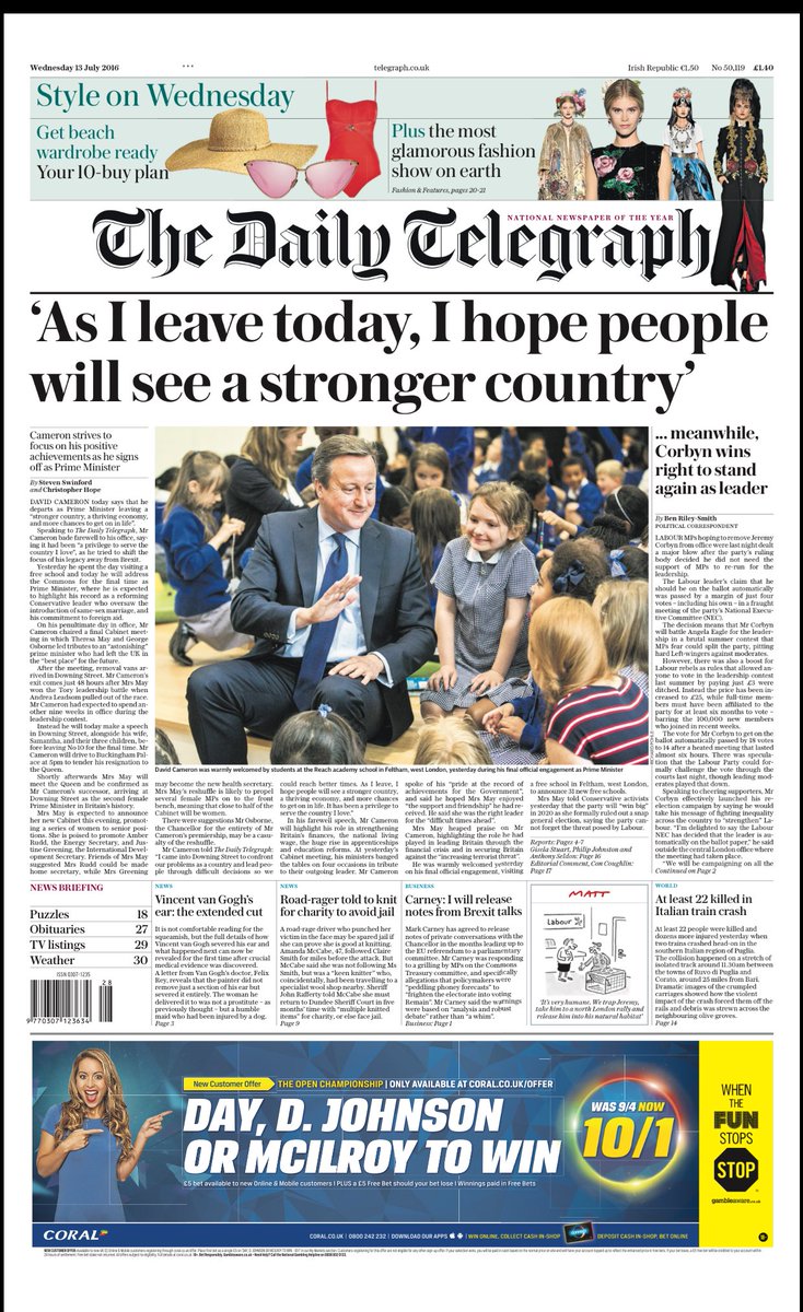 BBCNews's tweet photo. Wednesday's TELEGRAPH: 'As I leave today I hope people will see a stronger country' #tomorrowspaperstoday #bbcpapers https://t.co/2H4uTvnDqE
