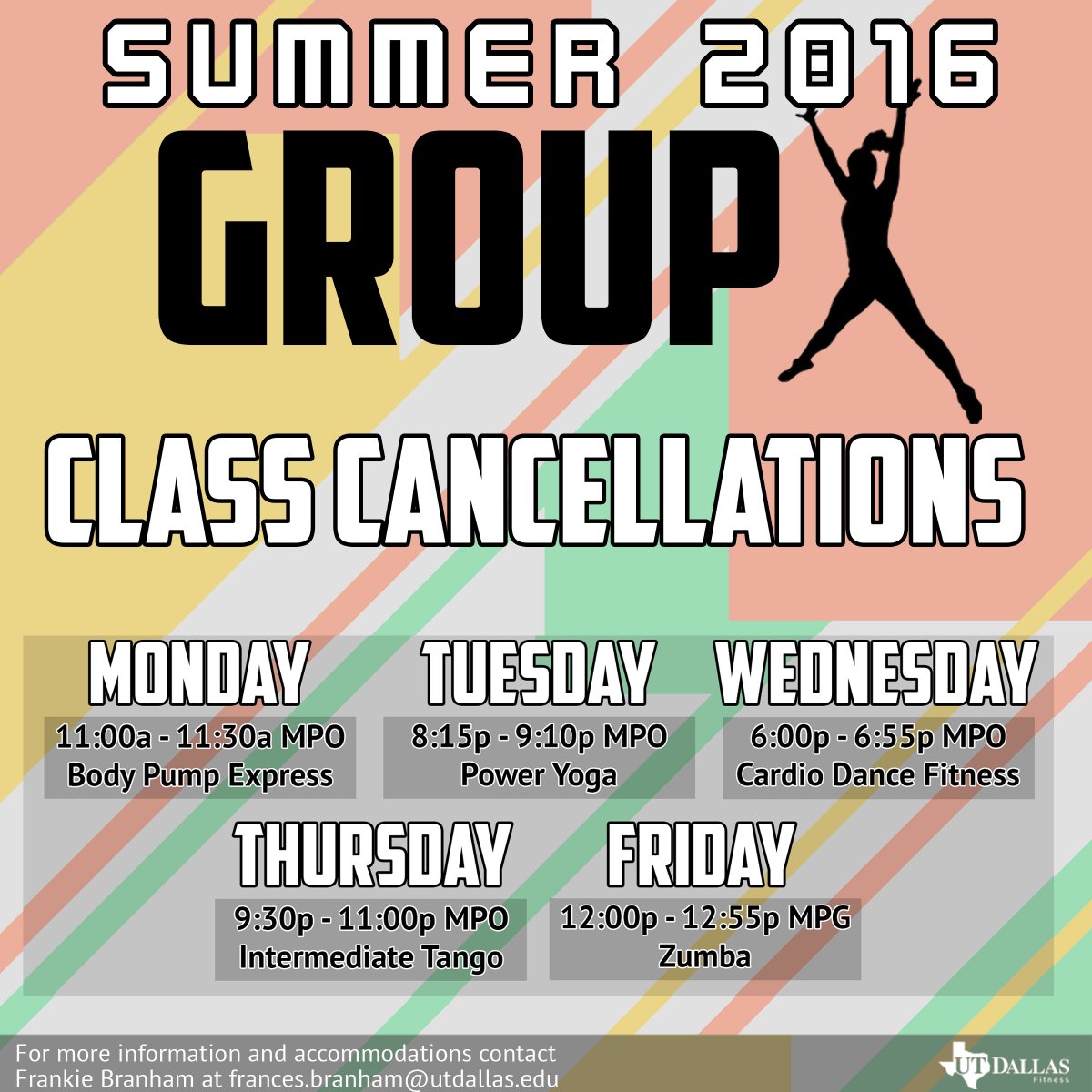 UTDUREC's tweet photo. ATTN #Comets: We have #SummerGroupX cancellations. Be sure to check these before attending your next #GroupXClass https://t.co/YgYSeOEuU7