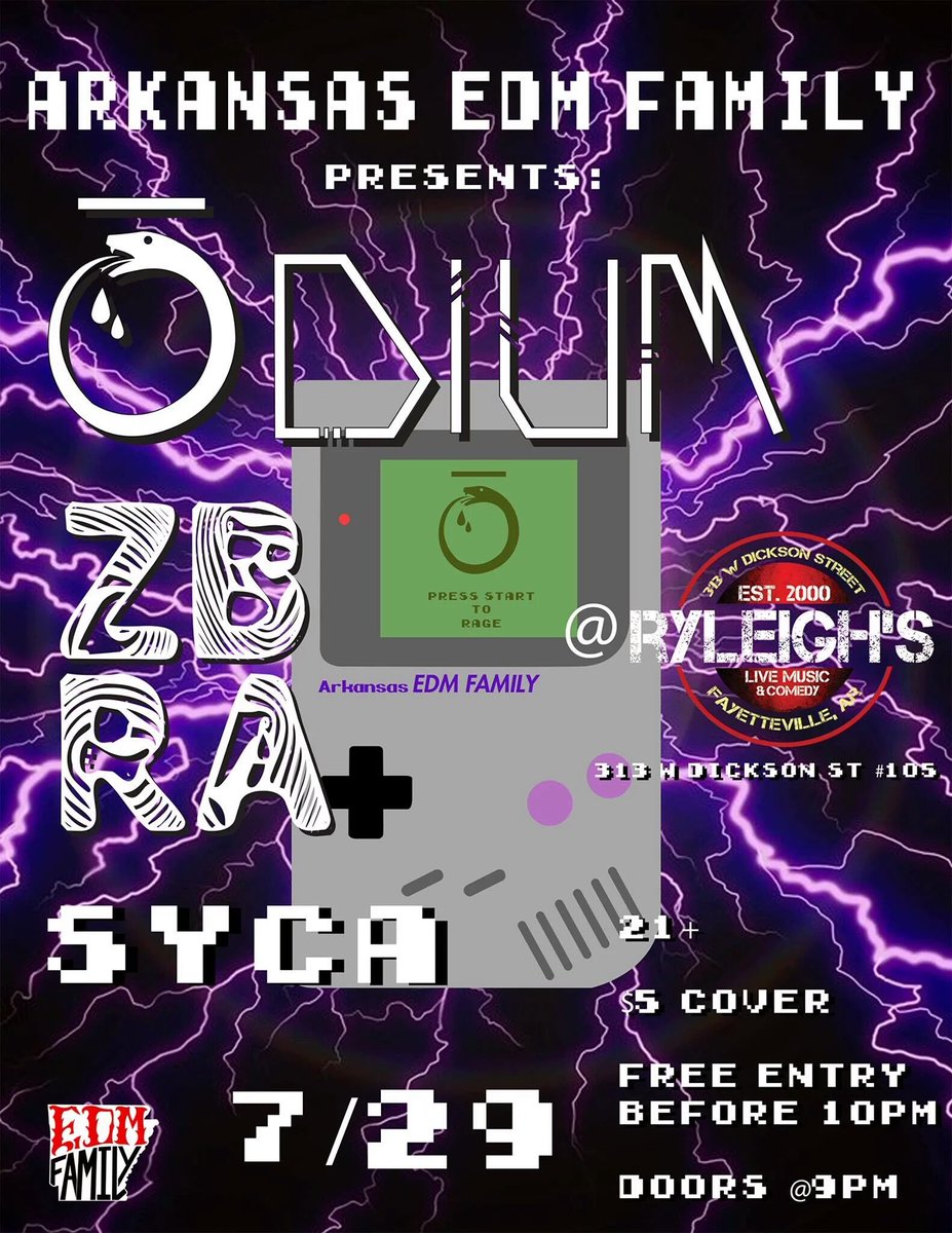 AREDMFamily's tweet photo. July 29th at @RyleighsLive 

@OdiumDubstep 
@zeenoa1 
@JoshMcFerrin 
#ArkansasEDMFamily https://t.co/sUaptAnp2Y