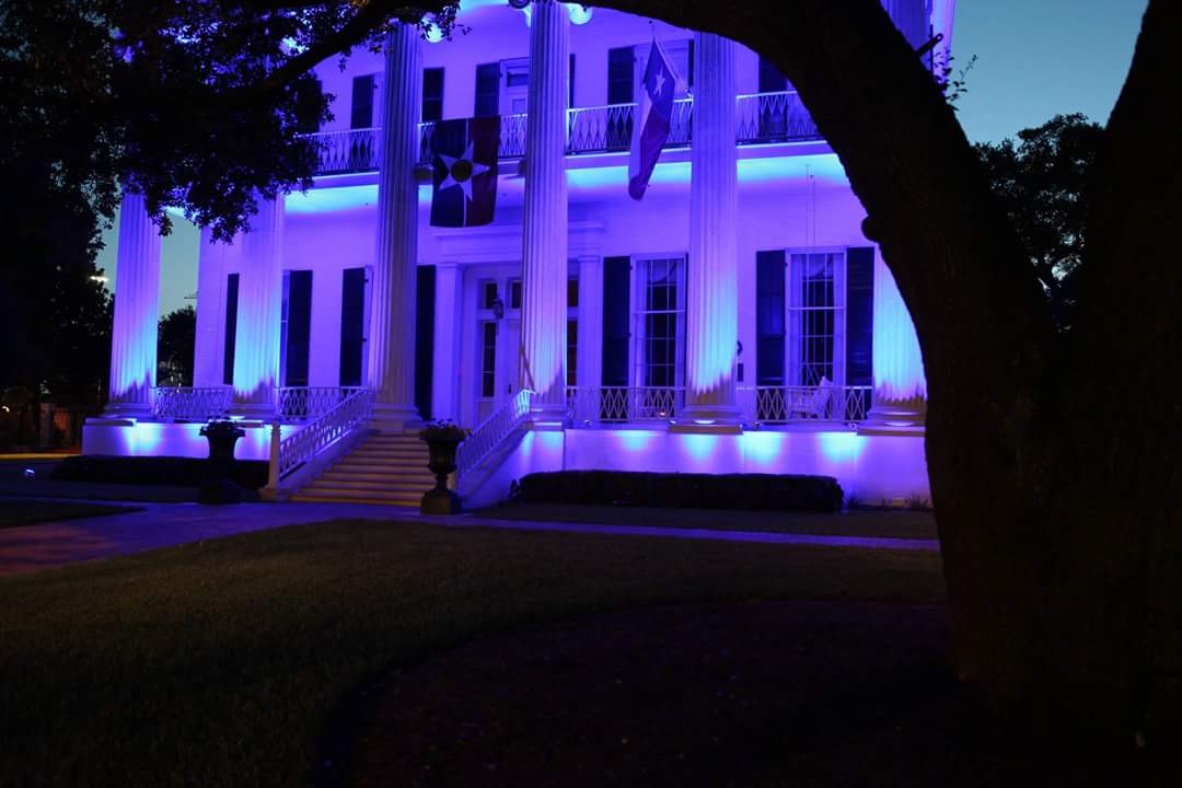 Johnsontx5Diane's tweet photo. Gov. Greg Abbott honored the 5 fallen officers by turning the Governor's mansion blue. #BackTheBlue #AllOneNation https://t.co/zIKj1Yl5hB
