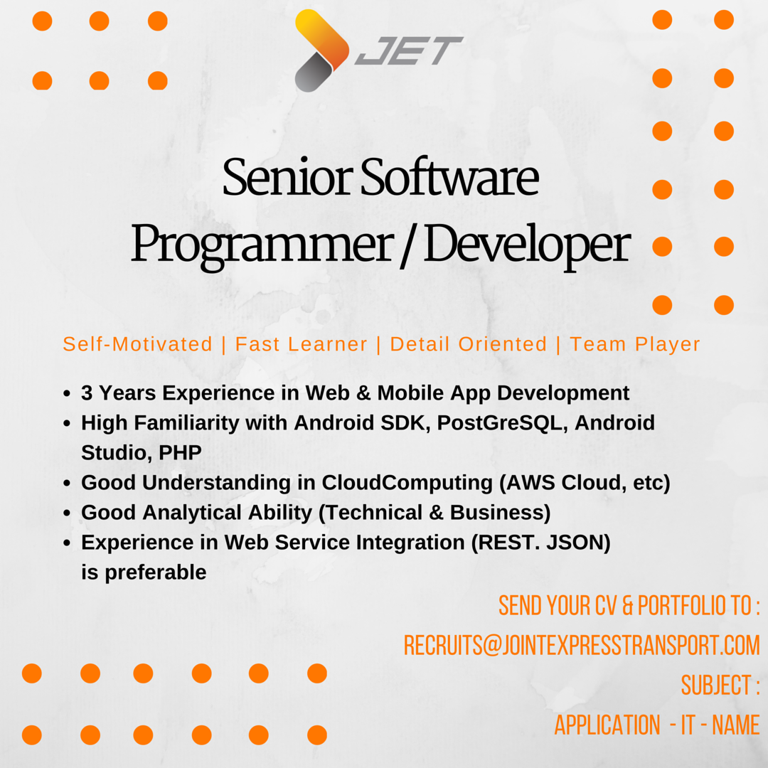 JETIndonesia's tweet photo. Good Morning, JETsetters! JET NEEDS YOU!

Send your CV &amp; Portfolios to :
recruits@jointexpresstransport.com https://t.co/Pw6euiaeOg