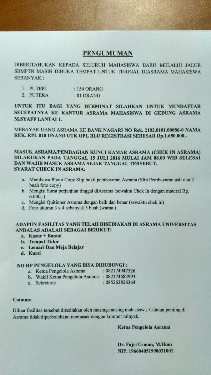 Assalamualaikum, ini ada sedikit info buat maba sbm yang mau asrama :) dibaca ya