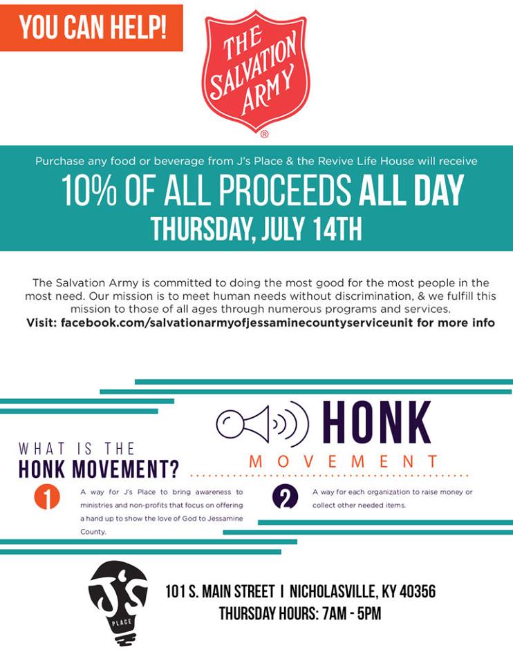 SAJCSU's tweet image. #HonkMovement Donation box &amp;amp; July 14th dine in or carryout @jsplaceonmain 10% of all proceeds donated 2 @SAJCSU