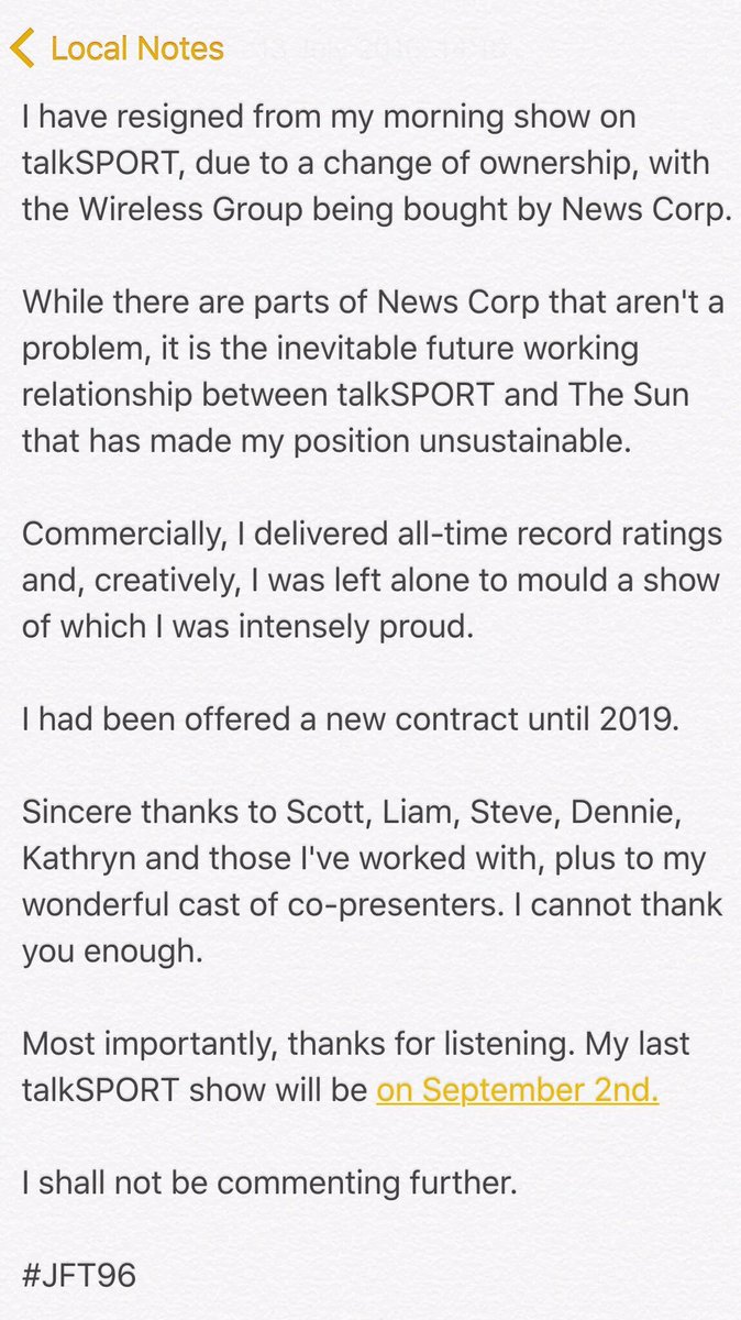 SunApology's tweet photo. All respect to @ColinMurray. He's resigned from talkSPORT after it was bought by Rupert Murdoch's News Corp. https://t.co/uAujZ9SeyT