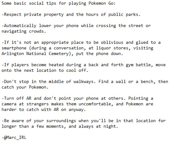 Marc_IRL's tweet photo. Some basic social tips for playing #PokemonGO. Please share with new players! https://t.co/YyzNIyQAV6