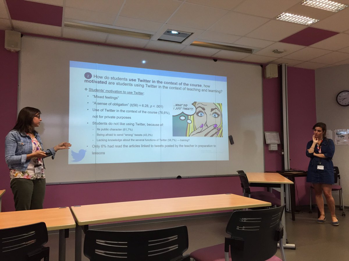 #ecsm16 Hannelore and Britt discuss student motivations using Twitter to learn -mixed reaction, want closed system