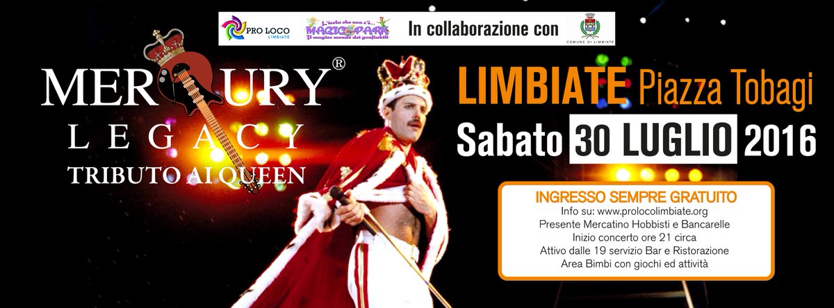 ProLocoLimbiate's tweet photo. 30 LUGLIO alle 21 in Piazza Tobagi Tributo ai QUEEN della MerQury Legacy! INGRESSO GRATUITO https://t.co/OBrfWFM8ls https://t.co/pqbU0wW4Ct
