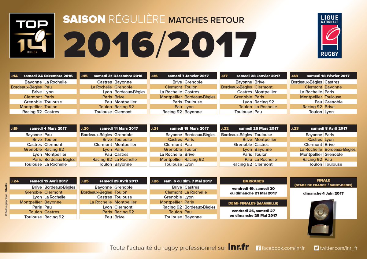 Découvrez le calendrier officiel du #TOP14 saison 2016/2017 !