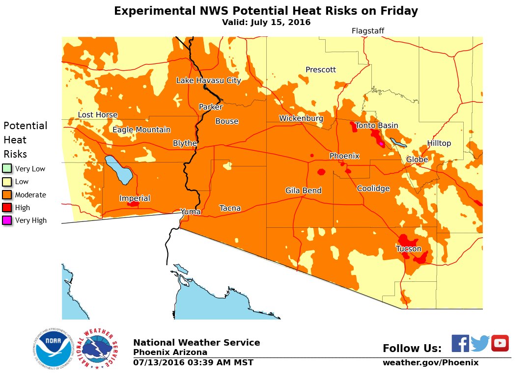 NWSPhoenix's tweet photo. Phoenix will see 110+ heat thru the weekend with Friday the hottest day. Expect moderate heat risks daily. #azwx https://t.co/okAb3TVH5j