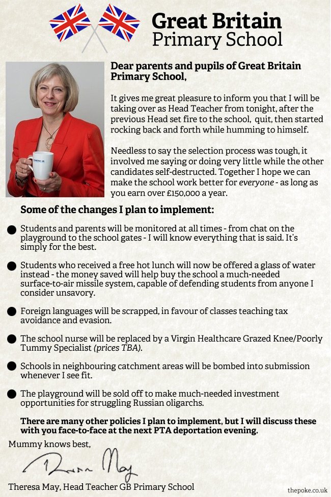 ThePoke's tweet photo. #recap A letter from the new head teacher of Great Britain Primary school

https://t.co/A0gfVcFci5

#TheresaMay https://t.co/vZgmqDvkvK