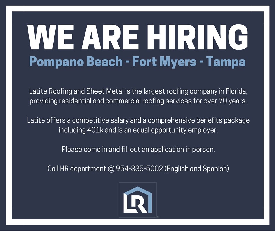 Looking for experienced &amp; professional roofers. We offer competitive pay and benefits. 954-335-5002 #RoofingJobs