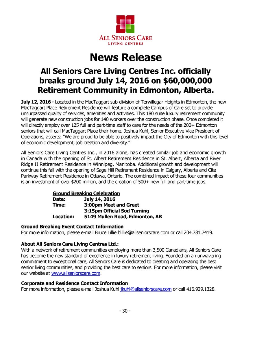 AllSeniorsCare's tweet photo. Join us on Mullen Road @metroedmonton @EdmontonChamber as we break ground July 14 #ASCStrong #Creating500Jobs https://t.co/LQyJ6WEbyJ