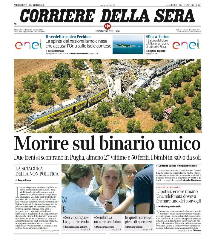 PaoloTurchet's tweet photo. La sciagura della non politica sul non trasporto pubblico @Corriere @sergiorizzo #Corato https://t.co/h7nMXxb76I