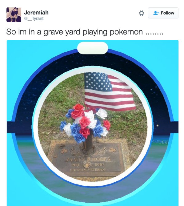 BuzzFeed's tweet image. Pokémon Go is literally taking players to people’s graves and it’s insane bzfd.it/29Y92vV