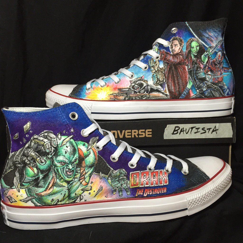 AlzadoCo's tweet photo. Drax the Destroyers Converse for the legendary @DaveBautista ! #GuardiansoftheGalaxy2 #GotGVol2 #handdrawn https://t.co/84YbKavexJ