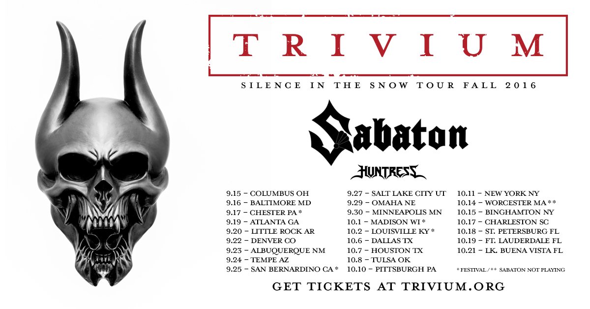 TriviumOfficial's tweet image. Join us for our U.S. headline tour this fall w @sabaton @HuntressKills. Tix on-sale Sat. at trivium.org/tour