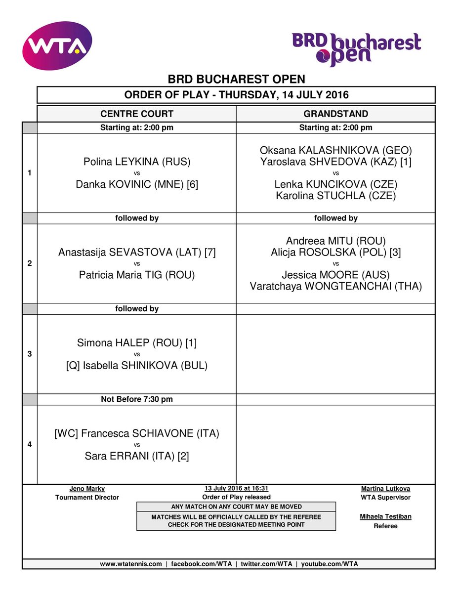 BucharestOpen's tweet photo. Programul zilei de joi #BRDBucharestOpen
Meciul zilei: [1] S. Halep (ROU) vs [Q] I. Shinikova (BUL) https://t.co/opfqPkEw5p